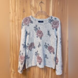Lucky Brand Light Gray Crewneck Sweater with Dusty Rose Floral, Size Small
